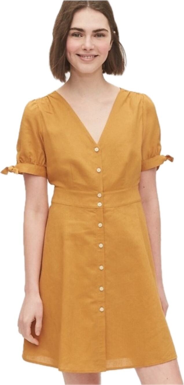 Gap Linen V-Neck Dress Women's S Desert Sunset Gold, Tie Sleeve NWT